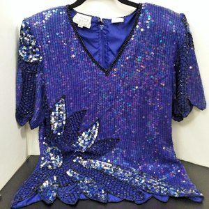 Vintage 80s Stenay India Silk Sequin Blouse Beaded Top Ladies-M Flower Leaf Blue